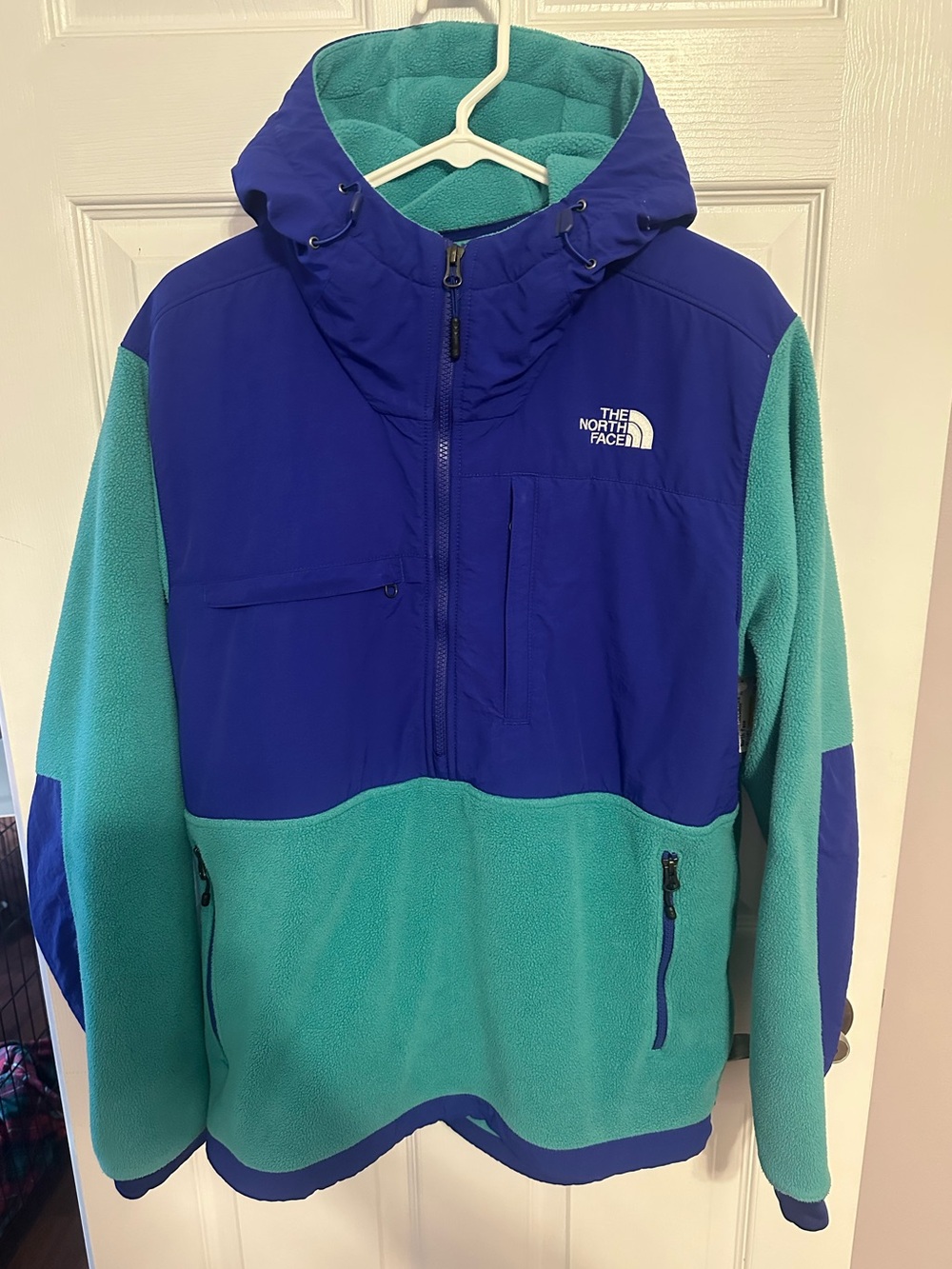 The North Face Denali Anorak Men’s Large 2018 Blue Teal Colorblock Hood 1/2 Zip